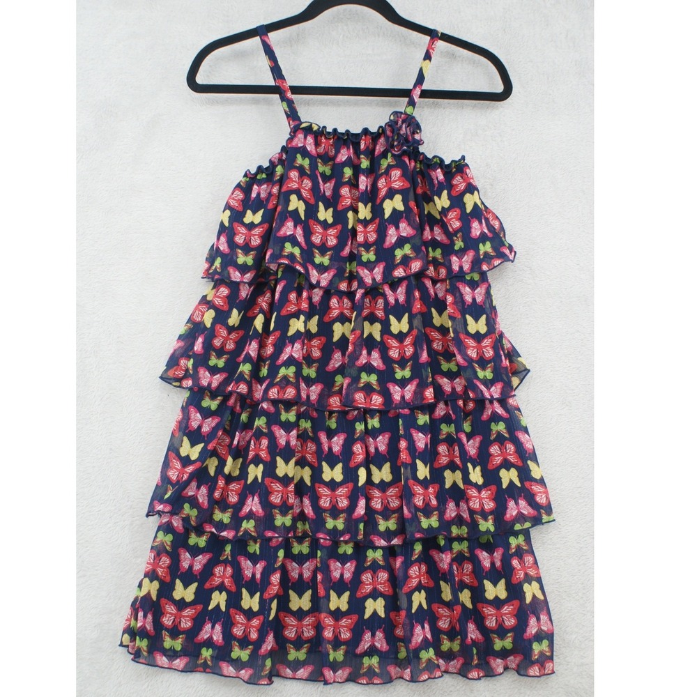 Candy Kiss Girls Tiered Butterfly Sundress Navy Blue Metallic Lurex Size 14‎